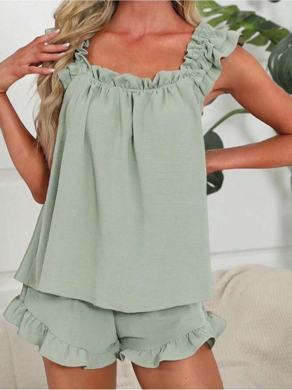 SHEIN Sage Ruffle Tank Top & Shorts Sleep Set
